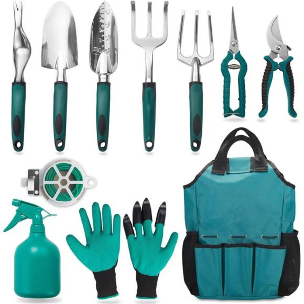 Garden Tool Set, 11 PCS Aluminum Gardening Hand Tools with Tote Bag, Ergonomic